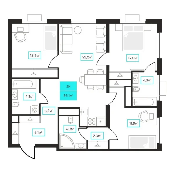 Новая 3-к квартира
 83.1 м² на 14/23 этаже в ЖК «Futuro» в городе Тюмень 