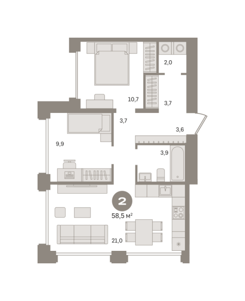 Новая 2-к квартира
 58.5 м² на 2/8 этаже в ЖК «Дом «А»» в городе Тюмень 