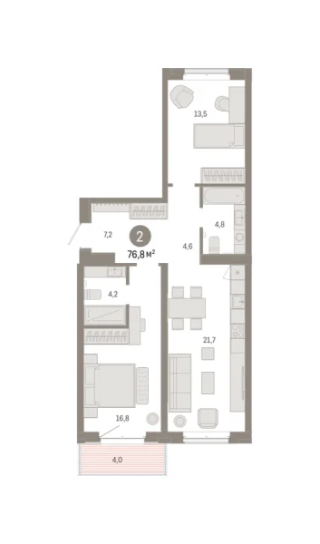 Новая 2-к квартира
 76.82 м² на 5/7 этаже в ЖК «Кварталы «На Минской»» в городе Тюмень 