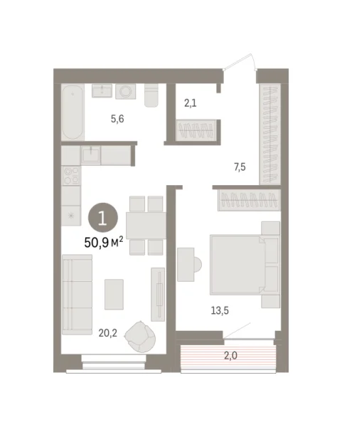 Новая 1-к квартира
 50.9 м² на 7/8 этаже в ЖК «Речной порт» в городе Тюмень 