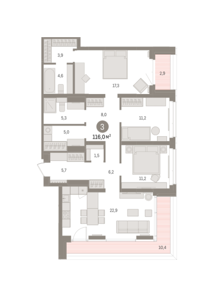 Новая 3-к квартира
 116 м² на 14/16 этаже в ЖК «Кварталы «На Минской»» в городе Тюмень 