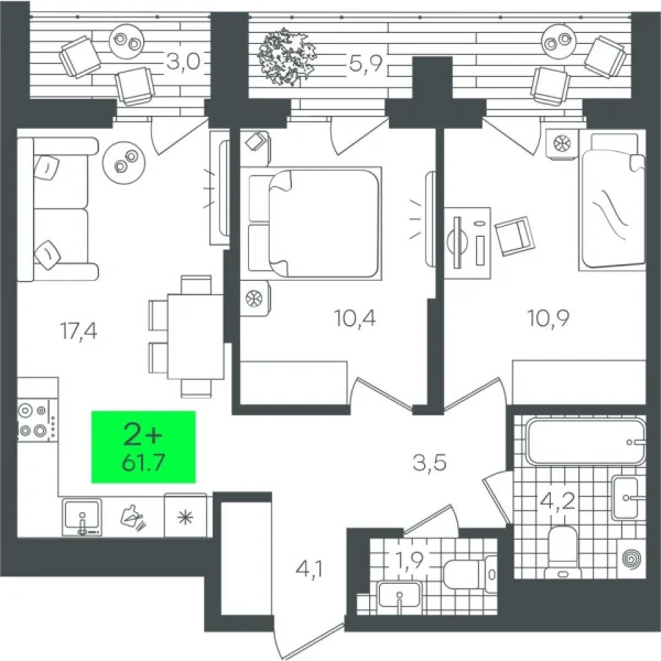 Новая 2-к квартира
 61.76 м² на 6/22 этаже в ЖК «Гранд Квартал» в городе Тюмень 
