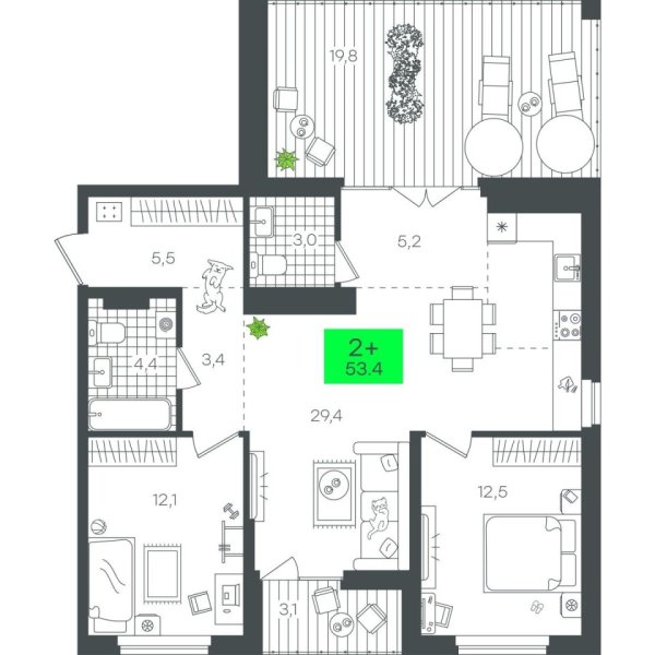 Новая 2-к квартира
 98.81 м² на 9/12 этаже в ЖК «Гранд Квартал» в городе Тюмень 