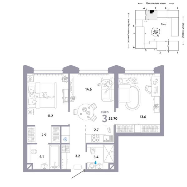 Новая 3-к квартира
 55.7 м² на 25/30 этаже в ЖК «Страна.Озёрная» в городе Тюмень 