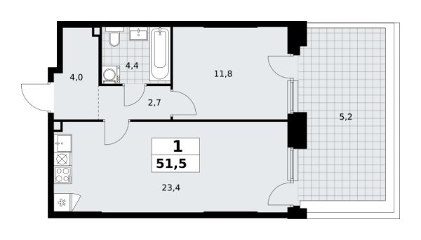 Новая 1-к квартира
 51.5 м² на 2/19 этаже в ЖК «Прокшино» в городе Тюмень 
