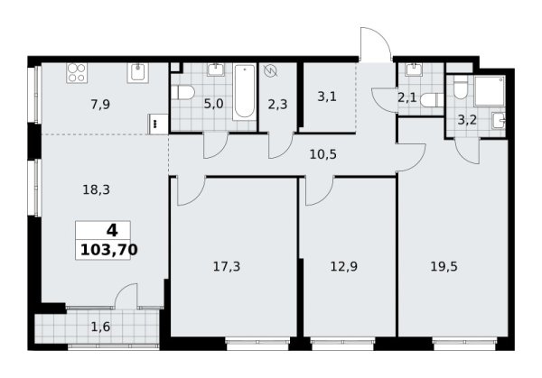 Новая 4-к квартира
 103.7 м² на 2/16 этаже в ЖК «Дом на Зорге» в городе Тюмень 