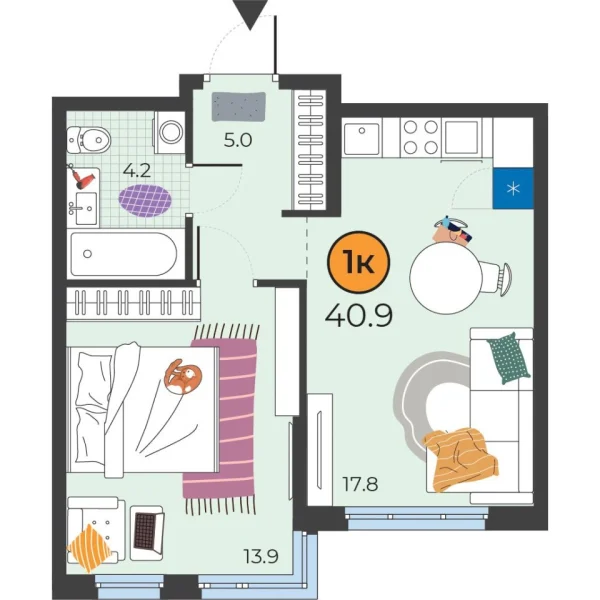 Новая 1-к квартира
 40.9 м² на 4/25 этаже в ЖК «Корней» в городе Тюмень 