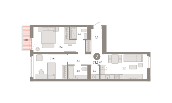 Новая 2-к квартира
 73.15 м² на 7/8 этаже в ЖК «Республики 205» в городе Тюмень 