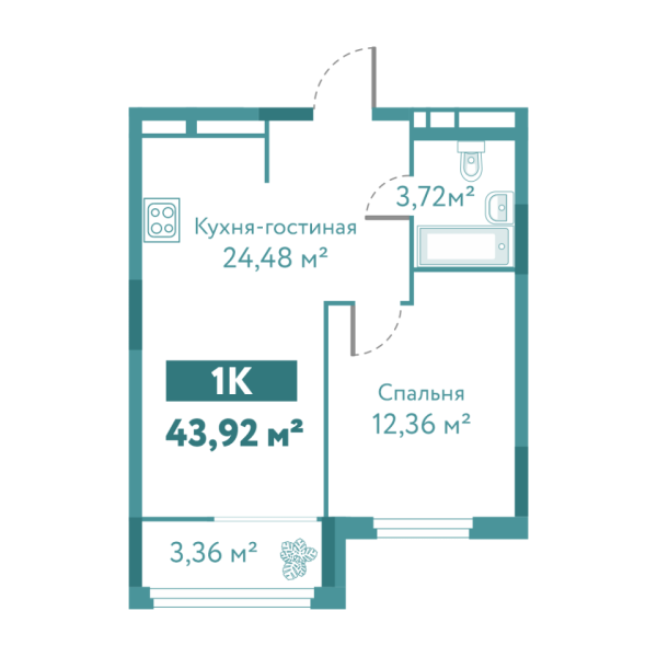 Новая 1-к квартира
 43.92 м² на 8/10 этаже в ЖК «Акватория» в городе Тюмень 