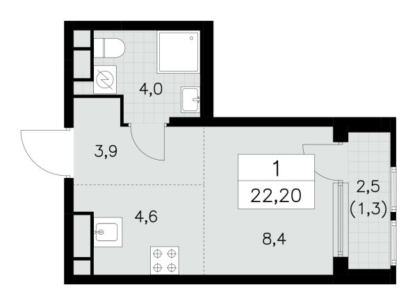 Новая 1-к квартира
 22.2 м² на 11/30 этаже в ЖК «Южные сады» в городе Тюмень 