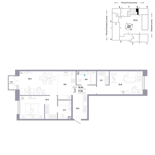Новая 3-к квартира
 78.9 м² на 3/30 этаже в ЖК «Страна.Озёрная» в городе Тюмень 