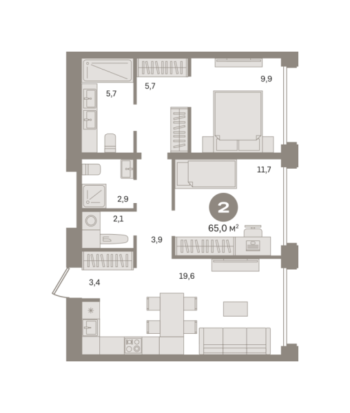 Новая 2-к квартира
 65 м² на 2/7 этаже в ЖК «Дом «А»» в городе Тюмень 