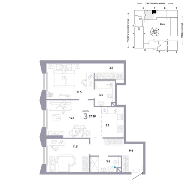 Новая 3-к квартира
 67.2 м² на 7/30 этаже в ЖК «Страна.Озёрная» в городе Тюмень 