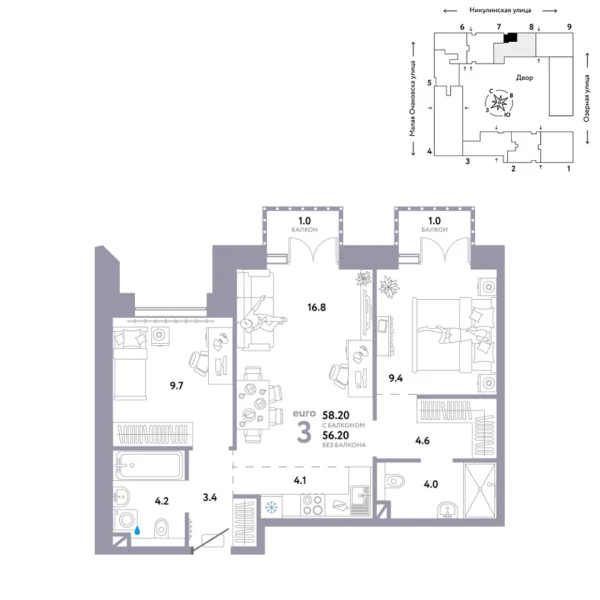 Новая 3-к квартира
 58.2 м² на 3/30 этаже в ЖК «Страна.Озёрная» в городе Тюмень 