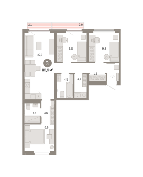 Новая 3-к квартира
 80.86 м² на 7/9 этаже в ЖК «Брусника в Академическом» в городе Тюмень 