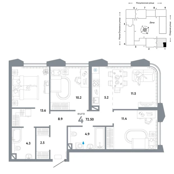 Новая 4-к квартира
 72.5 м² на 12/30 этаже в ЖК «Страна.Озёрная» в городе Тюмень 
