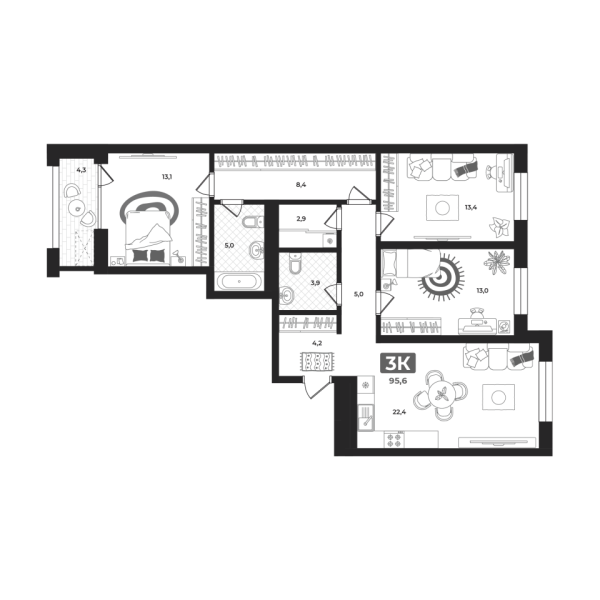 Новая 3-к квартира
 95.6 м² на 2/23 этаже в ЖК «Маэстро» в городе Тюмень 