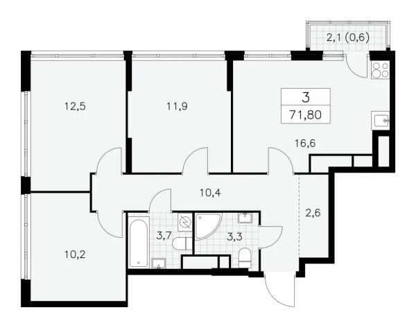 Новая 3-к квартира
 71.8 м² на 28/30 этаже в ЖК «Южные сады» в городе Тюмень 