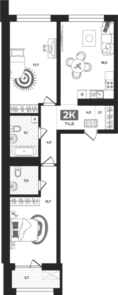 Новая 2-к квартира
 74.8 м² на 9/23 этаже в ЖК «Маэстро» в городе Тюмень 
