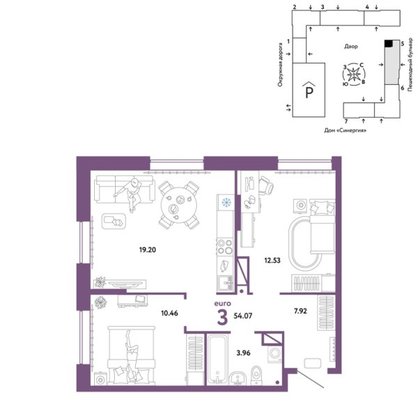 Новая 3-к квартира
 54.07 м² на 15/16 этаже в ЖК «Юнион» в городе Тюмень 