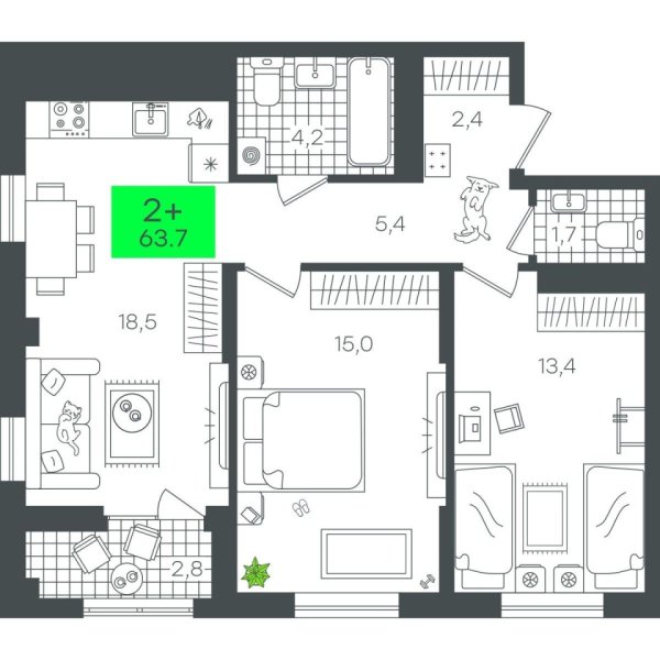 Новая 2-к квартира
 63.78 м² на 17/19 этаже в ЖК «Гранд Квартал» в городе Тюмень 