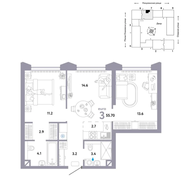 Новая 3-к квартира
 55.7 м² на 22/30 этаже в ЖК «Страна.Озёрная» в городе Тюмень 