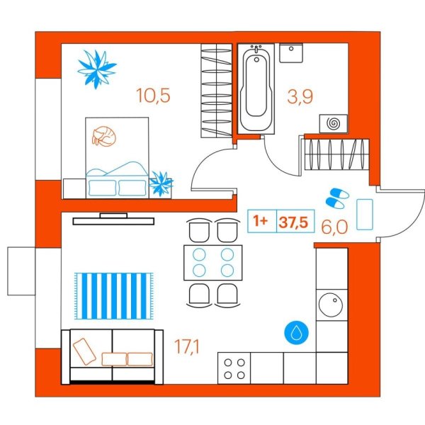 Новая 1-к квартира
 37.5 м² на 18/22 этаже в ЖК «SuperSky» в городе Тюмень 