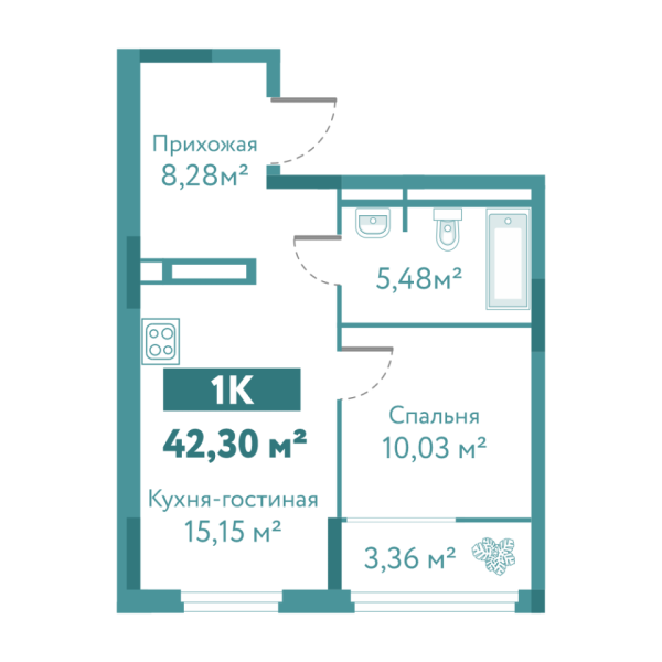 Новая 1-к квартира
 42.3 м² на 9/10 этаже в ЖК «Акватория» в городе Тюмень 
