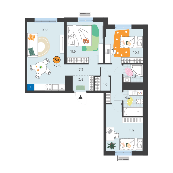 Новая 3-к квартира
 72.5 м² на 10/25 этаже в ЖК «Корней» в городе Тюмень 