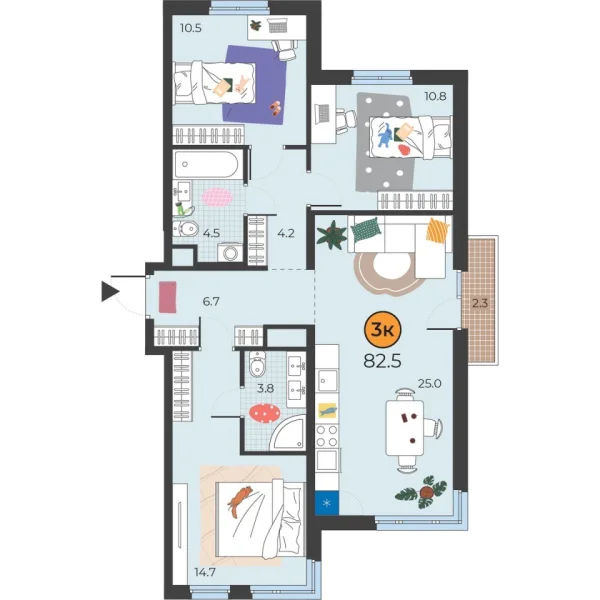 Новая 3-к квартира
 81.4 м² на 4/25 этаже в ЖК «Корней» в городе Тюмень 