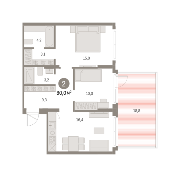 Новая 2-к квартира
 79.95 м² на 1/9 этаже в ЖК «Брусника в Академическом» в городе Тюмень 