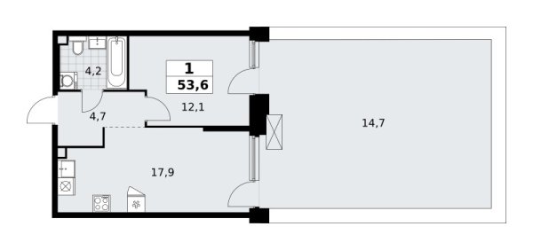 Новая 1-к квартира
 53.6 м² на 2/17 этаже в ЖК «Прокшино» в городе Тюмень 