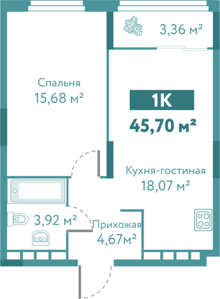 Новая 1-к квартира
 45.7 м² на 7/10 этаже в ЖК «Акватория» в городе Тюмень 