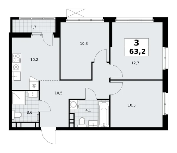 Новая 3-к квартира
 63.2 м² на 11/30 этаже в ЖК «Южные сады» в городе Тюмень 
