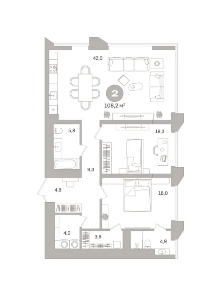 Новая 2-к квартира
 108.18 м² на 13/25 этаже в ЖК «Гоголя 21» в городе Тюмень 