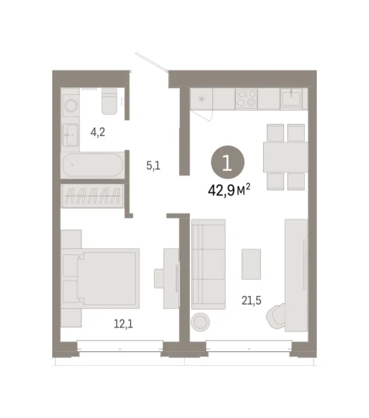 Новая 1-к квартира
 42.85 м² на 2/7 этаже в ЖК «Кварталы «На Минской»» в городе Тюмень 
