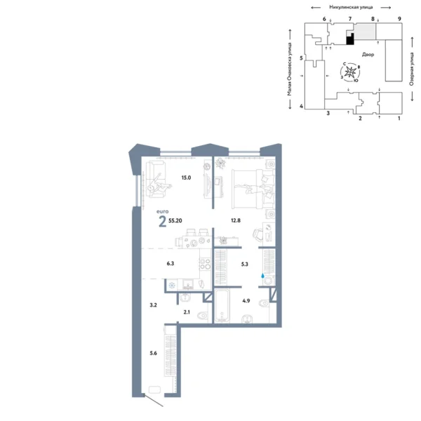 Новая 2-к квартира
 55.2 м² на 7/30 этаже в ЖК «Страна.Озёрная» в городе Тюмень 