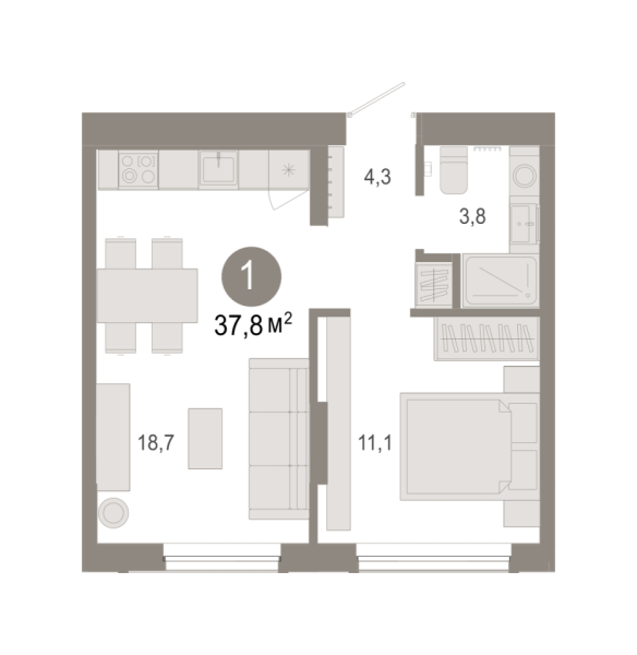 Новая 1-к квартира
 37.81 м² на 2/7 этаже в ЖК «Октябрьский на Туре» в городе Тюмень 