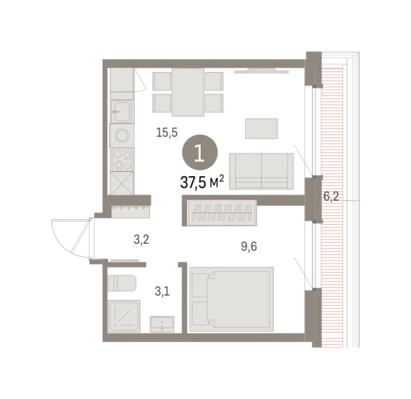 Новая 1-к квартира
 37.51 м² на 7/8 этаже в ЖК «Брусника в Академическом» в городе Тюмень 