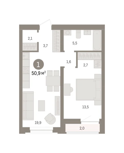 Новая 1-к квартира
 50.6 м² на 6/10 этаже в ЖК «Речной порт» в городе Тюмень 
