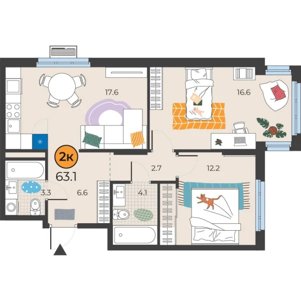 Новая 2-к квартира
 63.1 м² на 3/25 этаже в ЖК «Корней» в городе Тюмень 