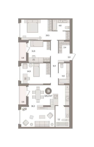 Новая 3-к квартира
 121.4 м² на 5/17 этаже в ЖК «Первый квартал» в городе Тюмень 