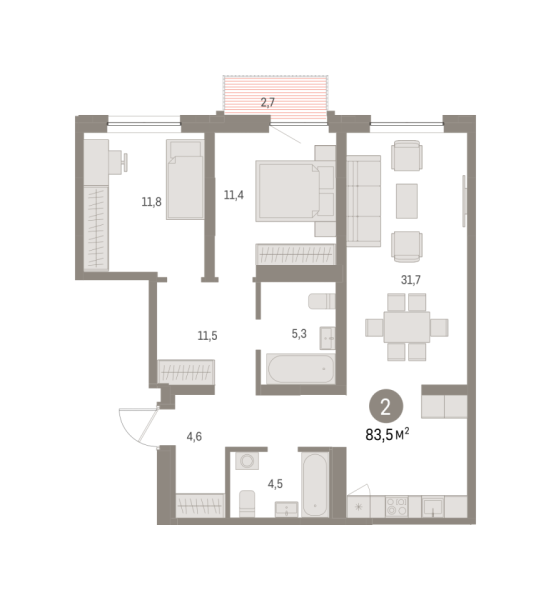 Новая 2-к квартира
 83.52 м² на 4/16 этаже в ЖК «Шишимская горка» в городе Тюмень 