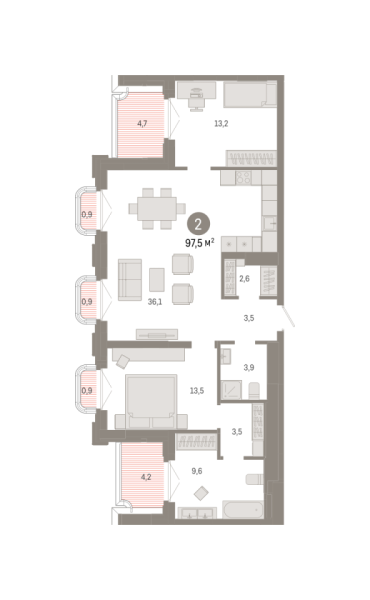 Новая 2-к квартира
 97.5 м² на 6/9 этаже в ЖК «На Некрасова» в городе Тюмень 