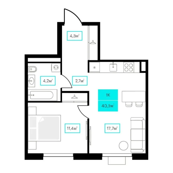 Новая 1-к квартира
 40.3 м² на 9/23 этаже в ЖК «Futuro» в городе Тюмень 