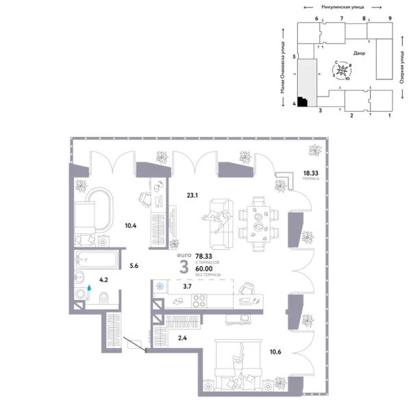 Новая 3-к квартира
 78.33 м² на 19/30 этаже в ЖК «Страна.Озёрная» в городе Тюмень 