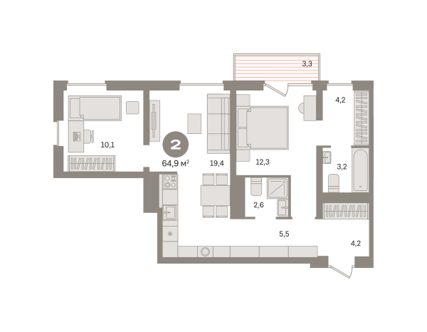 Новая 2-к квартира
 64.85 м² на 5/8 этаже в ЖК «Северный квартал» в городе Тюмень 