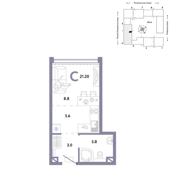Новая квартира-студия
 21.2 м² на 16/30 этаже в ЖК «Страна.Озёрная» в городе Тюмень 