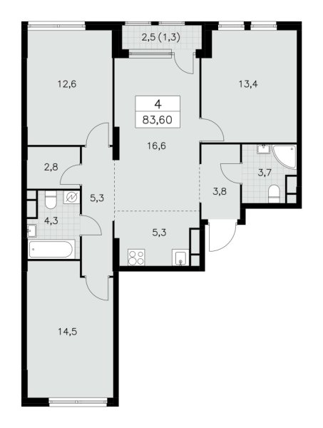 Новая 4-к квартира
 83.6 м² на 11/30 этаже в ЖК «Южные сады» в городе Тюмень 