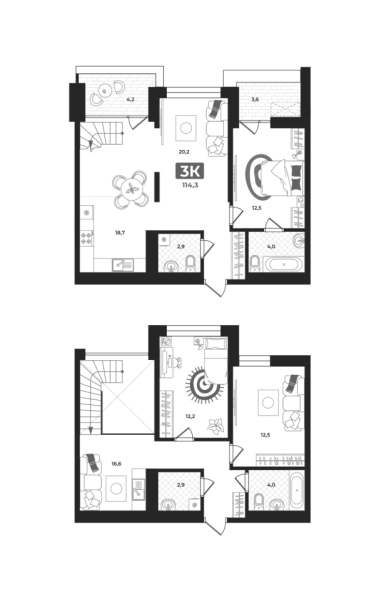 Новая 3-к квартира
 114.3 м² на 19/22 этаже в ЖК «Маэстро» в городе Тюмень 